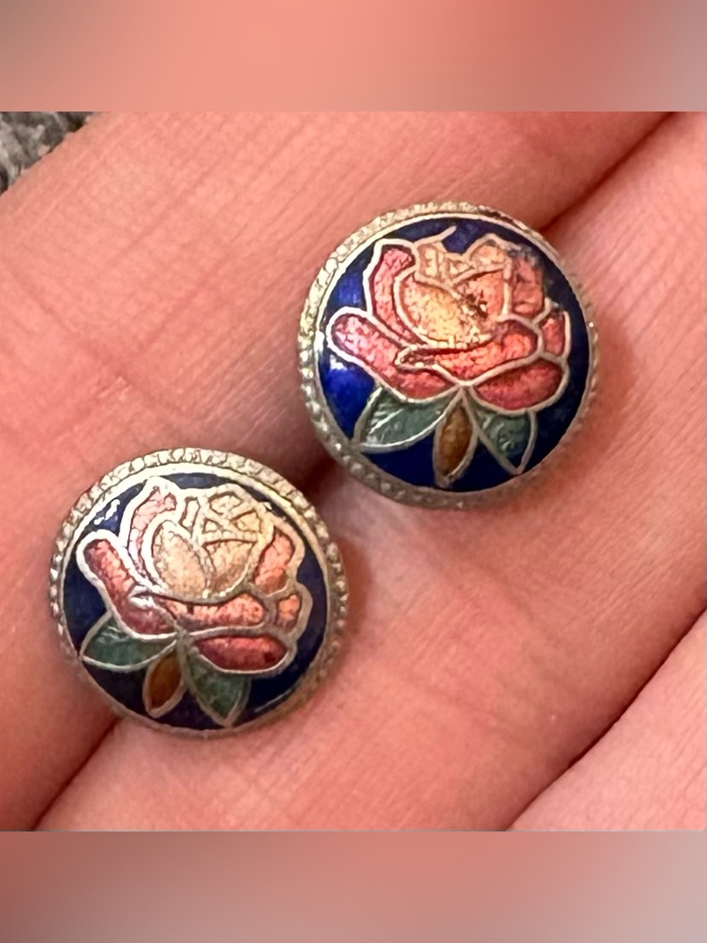 Vintage Cloisonné Rose Stud Earrings